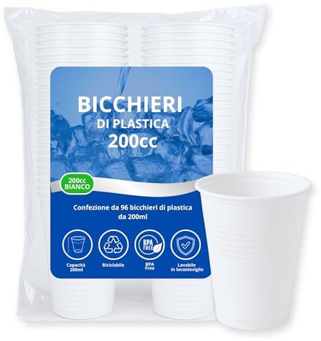 Bicchieri Plastica Bianchi Monouso (200 ml) | 96 Pezzi Usa e Getta o Riutilizzabili fino a 50 Lavaggi | Lavastoviglie | Senza BPA | Impilabili | Acqua Cocktail Birra Feste Buffet Ufficio Catering