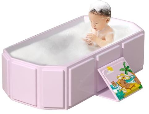 RNPKZ Foldable Bathtub for Children, Collapsible Toddler Bath Tub, Foldable Baby Bath for Ages 0-8, Portable Folding Baby Bath Tub with Drain Plug, All-in-One Design, for Travel, Easy Storage (Pink)
