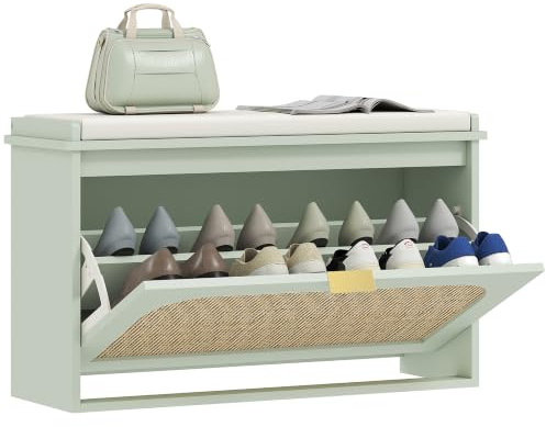 HOMCOM Banco Entrada Zapatos con Asiento Acolchado 80x26x47,5 cm Verde | Banco estrecho con puerta de ratán, cajón abatible, estante ajustable; estilo bohemio para entrada, pasillo