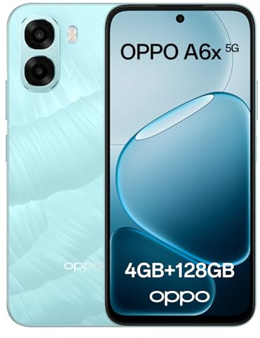 OPPO A6x 5G Teléfono Inteligente Android Liberado, 4+128GB, Pantalla Ultra Brillante 6.75 120Hz, Cámara Ultra Clara 50MP, 6100mAh, MediaTek Dimensity 6300, Resistencia al Agua IP64, Ice Blue