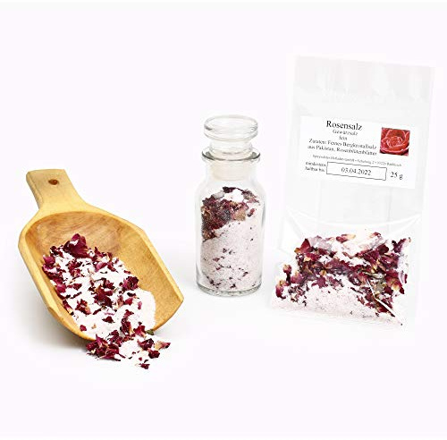 Rosensalz (bekannt als Himalaya Salz) Ursalz mit Rosenblütenblätter, Bergsalz Rosa Kristallsalz aus Pakistan, Steinsalz naturbelassen, fein, 25g