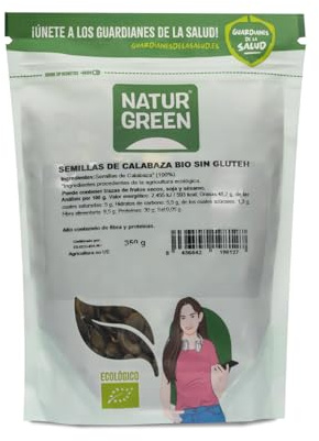 NaturGreen - Semilla de Calabaza Bio 350 g, Fruto Seco Ecológico, Fuente de Proteína y Fibra, Sin Gluten, Sin Azúcares Añadidos y Vegano, Ideal en Ensalada, Pan, Yogur y Snack Saludable
