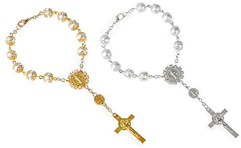 Fontee® 2 Stück Katholisches Armband für Frauen, Kreuz Armbänder Katholischer Rosenkranz Jesus Anhänger, Ostern, Thanksgiving und Weihnachten, Gold und Silber