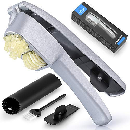 Zulay Juego de prensa de ajo 2 en 1 - Picadora y rebanadora de ajo de doble función - Trituradora de ajo resistente fácil de apretar con cepillo de limpieza y pelador de tubo de ajo de silicona