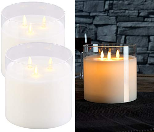 Britesta LED Kerze 3 flammig: 2er-Set LED-Echtwachs-Kerzen im Windglas mit 3 beweglichen Flammen (3 Docht Kerze, gross, Gläser)