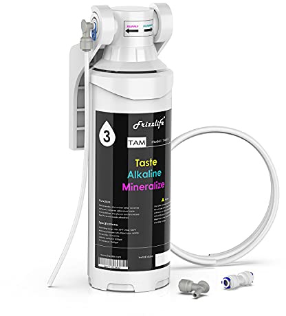 Frizzlife Reminéralisation alcaline Filtration d'eau sous évier - Post-filtre 1/4 à connexion rapide pour système d'osmose inverse RO, 3 étapes, Ajustez le PH, Restaure les minéraux essentiels, TAM3