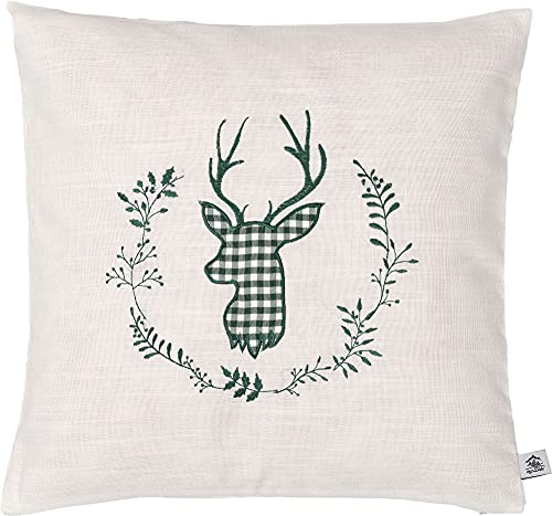myZirbe Zirbenkissen beige grün Bestickt mit Hirsch Größe 40x40 cm befüllt mit Zirbenflocken aus Zirbenholz