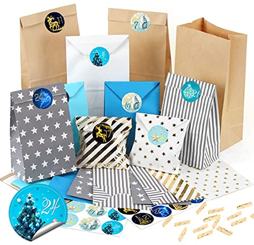 Calendrier de l'Avent Sac à Remplir, 26 Noël Calendrier Sacs avec Numérique Autocollants, à Faire soi Calendrier Noel, Sachets en Papier à Remplir Soi-même, Pochette Calendrier