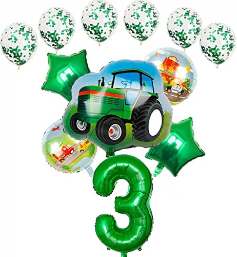 HCRXVV 3.Geburtstag Junge Traktor Balloon Set luftballon 3. geburtstag Grün Folienballon 32 Zoll Zahl 3, Folienballon Traktor Baustelle Car Themed Deko jungen 3 jahr Kindergeburtstag(12Stk)