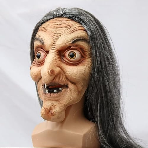 TIANHOO Halloween Gruselige Hexenmaske, Alte Hexe Maske mit Langen Haaren Volles Gesicht Latex Maske Horrific Alte Hexe Alte Frau Maske für Halloween Karneval Party Kostüm Cosplay Kostüm Dekorationen