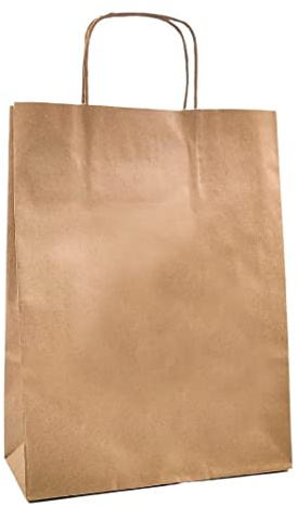 Raylu Paper® - Pack de 25 Bolsas de papel Kraft de colores con asas resistentes, bolsas de papel 100% reciclables para la compra, chuches o regalos (Marrón Kraft, Pequeñas (25x10x32 cm))