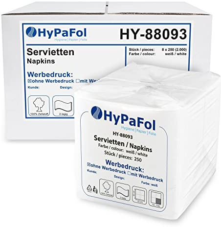 Hypafol Servietten weiß à 32x32 cm, 2-lagig I Prägeservietten im Vorteilspack I Papierservietten für Gastronomie-Betriebe, Kantinen, Büros und Co. I 100% Zellstoff und 1/4-Falz I 8 x 250 Stück