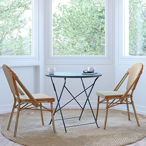 Merrick Lane Celia Bistro Chair - White & Natural Woven PE Seat and Back - Light Bamboo Finish Aluminum Frame - Set of Two