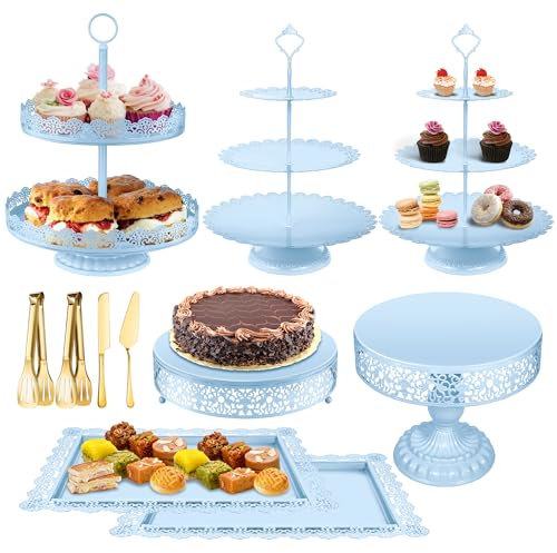 Blauer Kuchenständer Desserttisch Display-Set, Metall, gestufter Cupcake-Halter, Obst, Snacks, Donut-Teller, Servierturm, Tablett, Platte mit Zange, Kuchenmesser und Servierset, für Hochzeit,