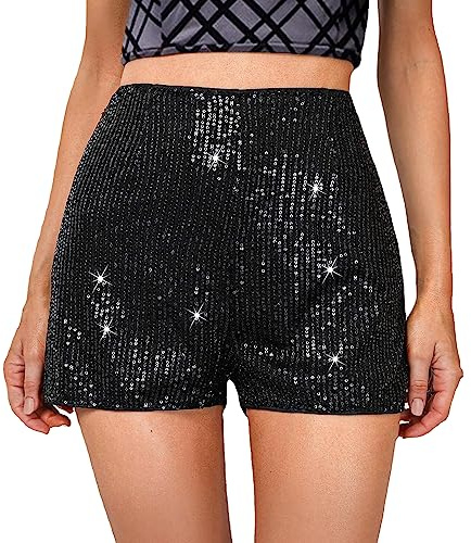Edhomenn Damen-Shorts, hohe Taille, Pailletten, elastisches Band, glitzernd, gerades Bein, Y2K, Glitzer, Partyhose