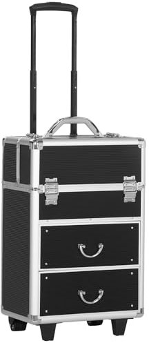 HOMCOM Valigetta Porta Trucchi Professionale, Trolley Make Up Rinforzato in MDF, Alluminio e Acciaio, Blocco con 2 Chiavi e Ruote, 36x23x58 cm, Nero