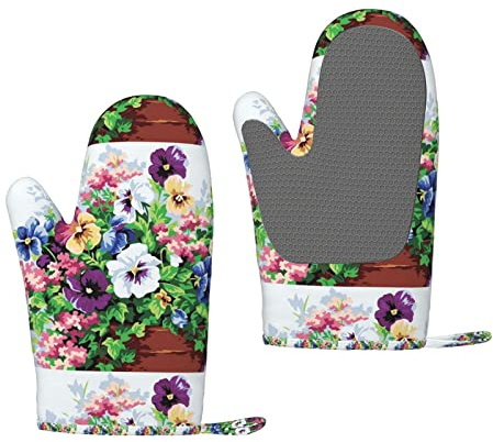 Flores de Pensamiento Impresas., Guantes de Silicona para Horno, Guantes de Cocina Antideslizantes, Guantes para Hornear Resistentes al Calor, un par