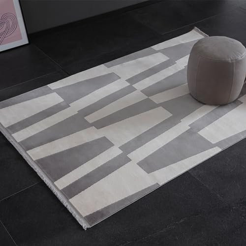 Schöner Wohnen Kollektion Hochwertiger Teppich Wohnzimmer, Schlafzimmer - Kurzflorteppich weich - Flachgewebe Moderne Muster - Hochtief Design - Teppich Grau 133 x 190 cm