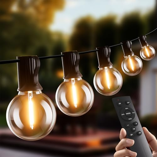 Bomcosy Outdoor String Lights Dimmable 100FT, 30M LED Festoon Lights with Remote Control Mains Powered with 52 Shatterproof G40 Plastic Bulbs, Waterproof Garden Light