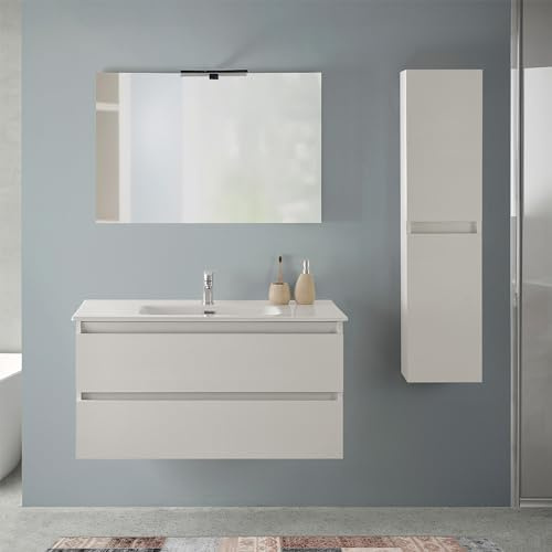 Inbagno Mobile Bagno Sospeso 100 cm Rovere Bianco – Composizione Con Lavabo In Ceramica, 2 Cassettoni Soft-Close E Pensile Colonna 125 cm – Linea Nadia