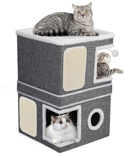 3 Schicht Katzenhaus, Faltbare Katzenhöhle für Große Katzen, 40L*40B*63H cm, Indoor Katzenwürfel, Aufteilbar in 2 Große Katzenhöhlen mit Katzenversteck, Großer Katzenbett mit Kratzbrett und Spielball