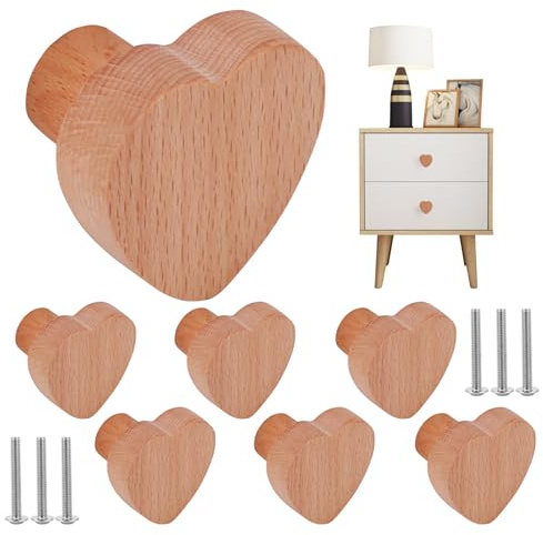 ALLOMN Schrankknäufe aus Massivholz, Tür-/Schubladengriffe, niedliche Herzform, Möbelgriff, Holz-Türknäufe mit Schrauben, für Kinderzimmer, Schlafzimmer, Küche, Badezimmer, 6 Stück