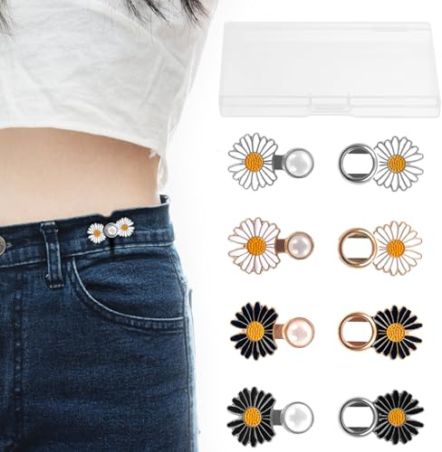 4 Pairs Daisy Waist Buttons for Tighten Pants Waist Tightener Clip Adjuster | No Sewing Removable Adjustable Reusable Waist Buttons Clips in Silver & Rose Gold for Loose Jeans Skirts Dresses Sweaters
