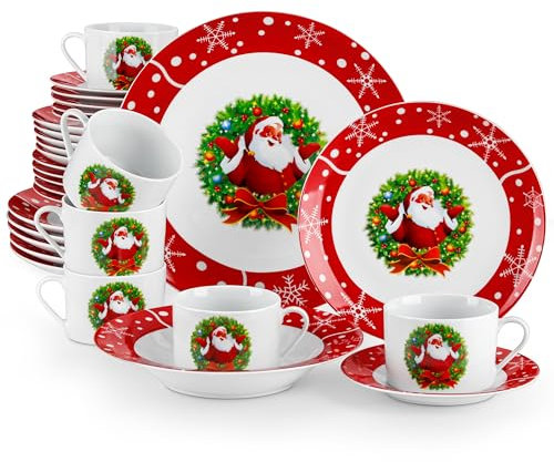 VEWEET, Serie SANTACLAUS, 30-teiliges Porzellan Weihnachtsgeschirr Set für 6 Personen, Weihnachts Kaffeeservice für 6 Speiseteller, 6 Dessertteller, 6 Suppenteller, 6 Kaffeetassen und 6 Untertassen