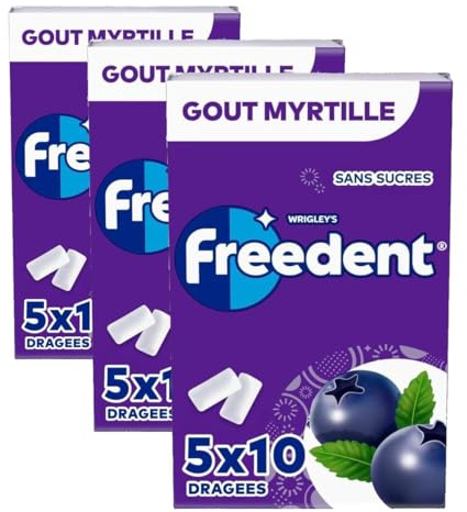FREEDENT - Chewing-Gum - Goût Myrtille - Sans Sucres - 5 x 10 dragées - 70g (Lot de 3)