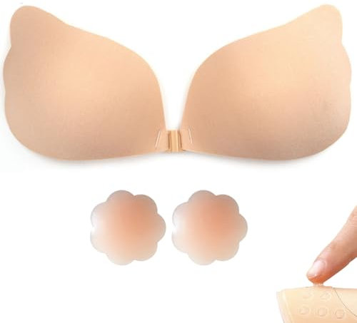 Klebe BH Push Up mit Nippelpads Trägerloser Rückenfrei für Aalle Rückenfreies Kleid Rückenfreier, Wiederverwendbare Unsichtbar Sticky Bra Große Brust Nipple Cover - A