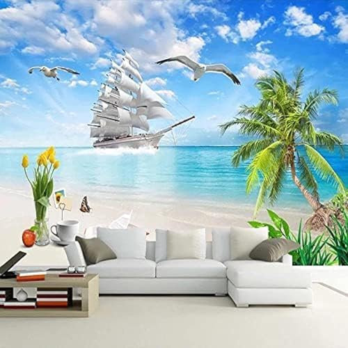 XLMING Plage Voilier Coquille De Noix De Coco Vue Sur L'Océan Papier Peint 3D Intissé Salon Canapé Chambre À Coucher Salle Manger Intérieure Murale-350cm×256cm