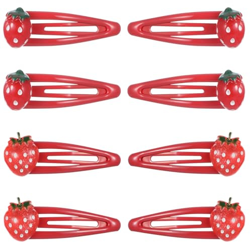 Mabor 8 pinzas de pelo de fresa de metal rojo a presión con forma de fruta, bonitos accesorios para el pelo de fresa, accesorios para el cabello para niñas, niños y adolescentes