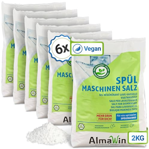 AlmaWin® Spülmaschinen Salz [6x 2kg] zum Schutz vor Kalkablagerungen & Wasserflecken - Geschirrspüler Salz für optimale Spülergebnisse - Regeneriersalz, Spezialsalz - 100% Natürlich, Bio & VEGAN