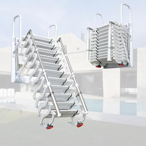 Escalera de ático montada en la pared, escalera plegable retráctil de 12 escalones, escaleras interiores abatibles, diseño antideslizante, reposabrazos para exteriores para un acceso seguro a los