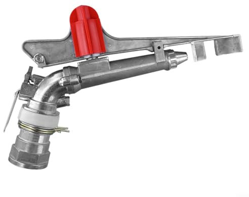 Aspersor de riego agrícola, 2 pulgadas, ángulo de pulverización de 360°, aspersor de aluminio, riego de jardín, uso grande, alta presión, eficiente en agua, radio de 26 – 36 m