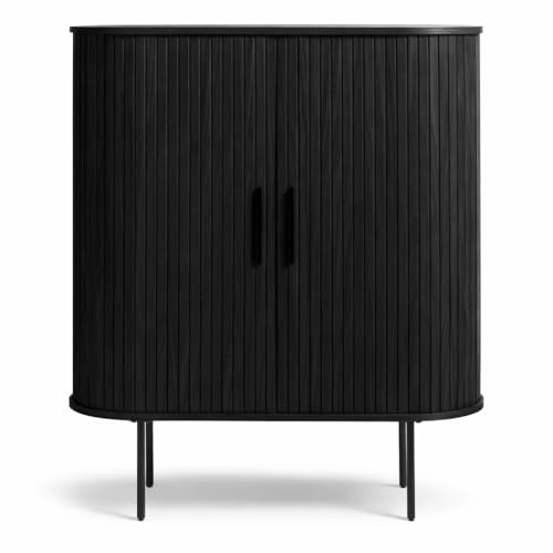 Liadomo Uriel Highboard, Schwarz, 100x118x40 cm | Eiche Furnier, Lamellen-Design, Schiebetüren, moderner Retrolook, Metallakzente, zwei Einlegeböden, Metallbeine in Schwarz