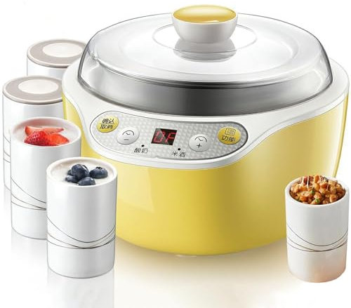MAHWER Yogurtera automática doméstica, Vaso Grande de 1000 ml + 4 Vasos pequeños de 125 ml, con Pantalla LED | Temporizador, for Preparar Yogur, natto y Vino de arroz