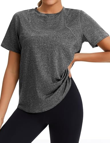 Gyabnw Gym Toppar för kvinnor rund hals kortärmad snabbtorkande träningströjor lätt andningsbar nät fitness t-shirts träningskläder för kvinnor, Mörkgrått, S