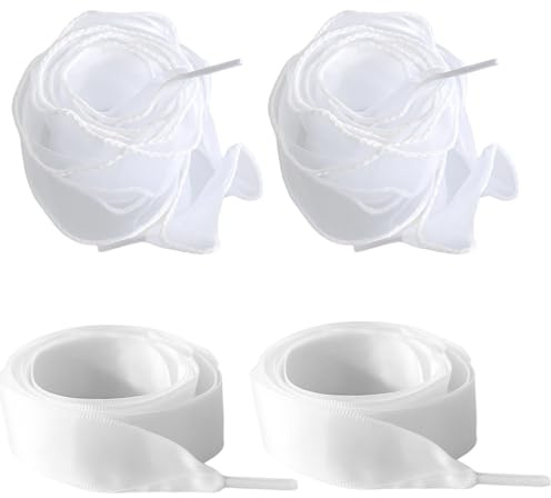 Nhgkju Satin skosnören, vita, 120 cm x 4 cm (2 par) – breda sidenskosnören och tyllband för sneakers, fritidsskor – kvinnor och män