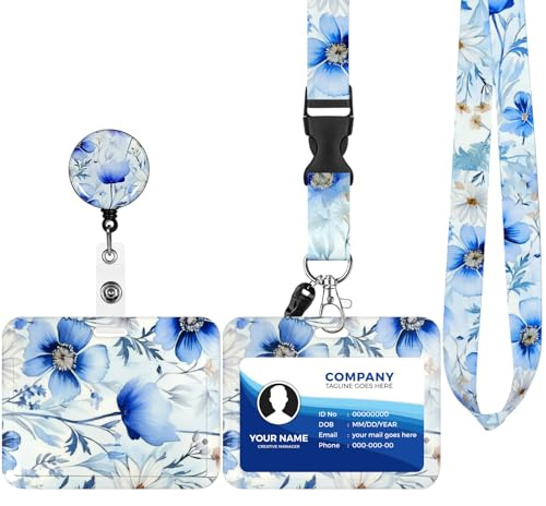 Porte Badge avec Cordon,Tour de Cou Badge avec Porte-Cartes,Porte Badge Enrouleur, Strap Neck avec Swivel Lobster Clasp pour Porte Badges d'Identification (White Flower)