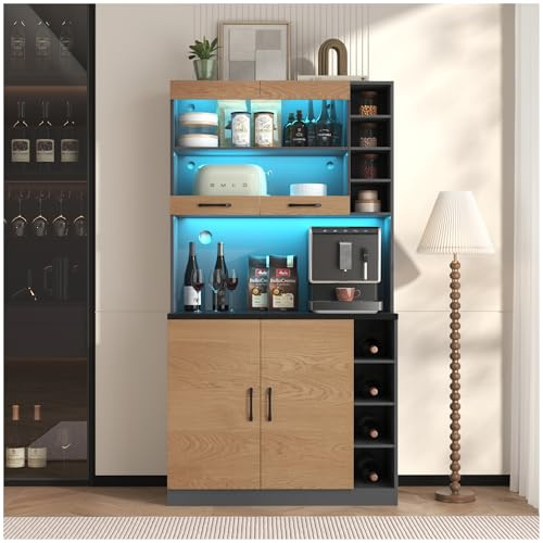 Wyibwy Mueble buffet con iluminación ambiental LED y agujeros para cables, mueble de cocina de madera, amplio espacio, estantes regulables en altura, aparador de cocina, aparador, color negro y