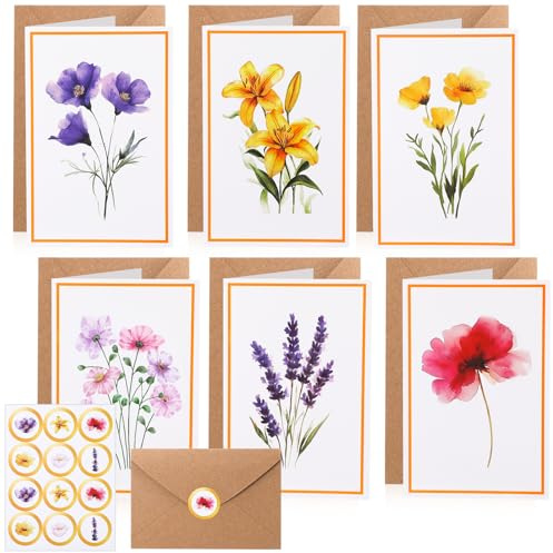 Candcamp 24 Pack Floral Blank Cards with Envelopes and Stickers, 6 Floral Designs, Envelopes Stationary Set Greeting Cards for Thank You, Wedding, Birthday, Invitations