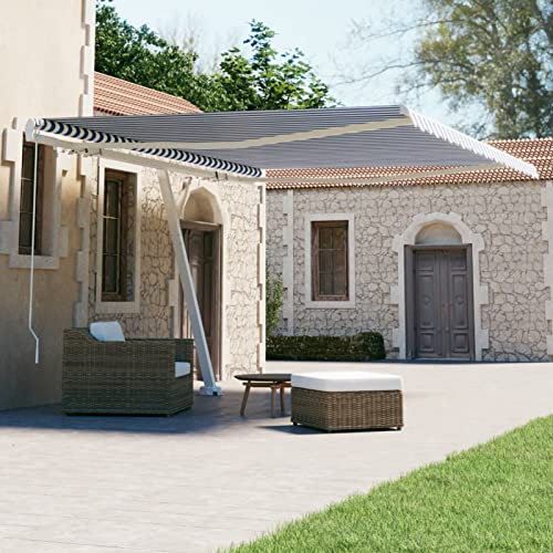 IKAYAA Tenda da Sole 400x300 Tenda da Sole Retrattile Manuale Tenda a Braccio per Esterno Manuale e Telaio in Alluminio-Blu e bianco-400 x 300 cm