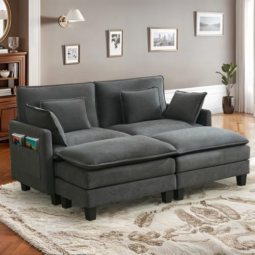 IUXPAM Ecksofa Modulares L-förmiges Sofa, Bequeme Cloud Couch für Wohnzimmer Extra Tiefe, Chenille Stoff mit Abnehmbaren Ottoman (Grau, 2 Sitze mit 2 Ottomanen)