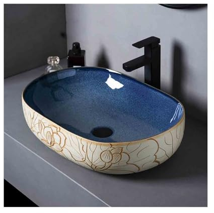 NexaGeniX Lavabo da appoggio Grande lavabo da appoggio for Bagno, Interno, Balcone, in Ceramica Blu con Motivo Floreale Lavabi in Ceramica
