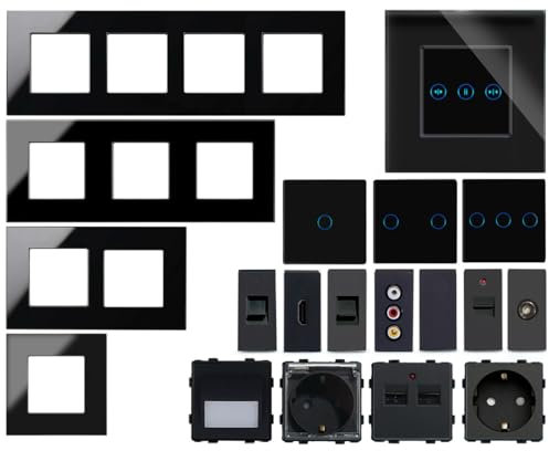 WLAN Touch Lichtschalter Wechselschalter Dimmer Serienschalter Steckdose | LED beleuchtet | Alexa/Google Home kompatibel | Glasrahmen | schwarz | LUXUS-TIME (USB-A doppelt)