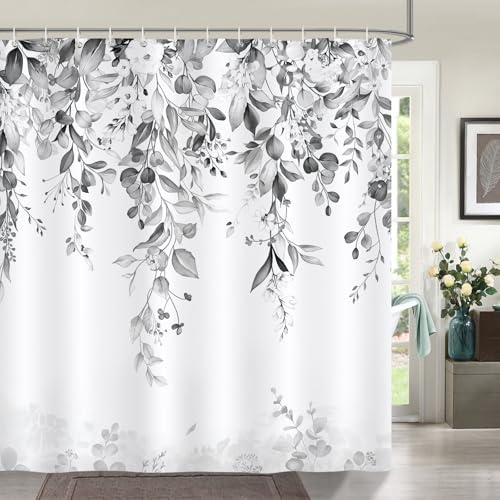 Bonhause Duschvorhang Eukalyptus Blätter Blumen Grau Schwarz Aquarell Pflanze Duschvorhänge 180 x 180 cm Anti-Schimmel Wasserdicht Polyester Stoff Waschbar Bad Vorhäng für Badzimmer mit 12 Haken