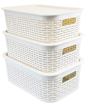ABBAware 3er Set mit Deckel 18 Liter Aufbewahrungskorb mit Griffen im Rattan-Design, Weiß, der Umwelt zuliebe aus recyclebarem PP