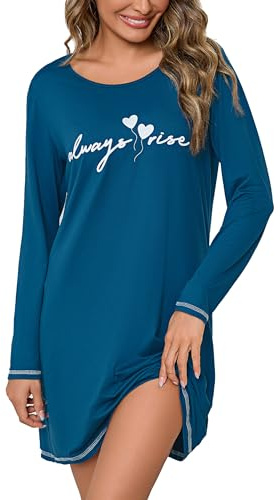 Bresdk Camicia Notte Donna Manica Lunga Cotone Abito da Notte Elegante con Stampa Pigiama Donna Invernale Girocollo Comodo Nightwear per Casa e Relax S-XXL
