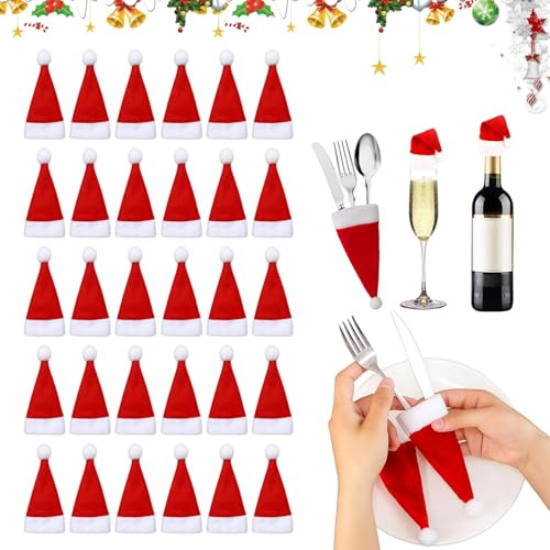 30 Stück Mini Weihnachtsmütze, Weihnachtsmann Mütze Besteckhalter, Kleine Weihnachtsmützen, Weihnachten Tischdeko Weihnachtsmann Hut, für Besteck Tasse Flasche,DIY Xmas Home Party Tischdekoration